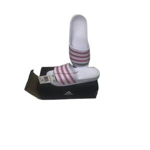 Adidas Adilette Aqua Slides Women Size 9 White Pink Stripes Slip-On Pool Shower